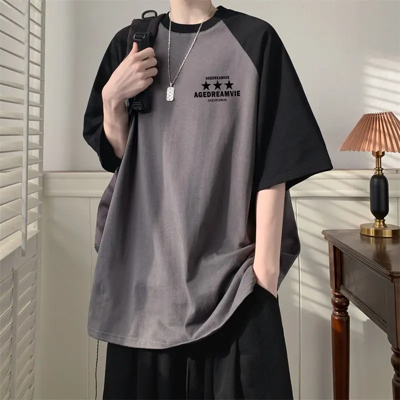 

Summer Contrasting Colors T-shirts Casual Printed Letter Men's Clothing American Retro Fashion Patchwork All-match Pullovers New