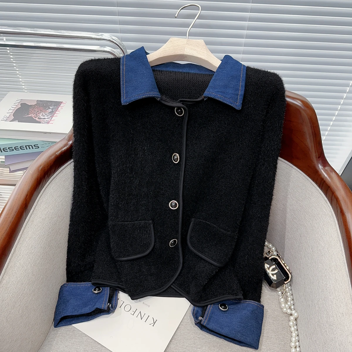 Camisola de malha de vison falso cardigan casaco feminino topos 2025 outono inverno manga longa denim emendado único breasted elegante chique jumper