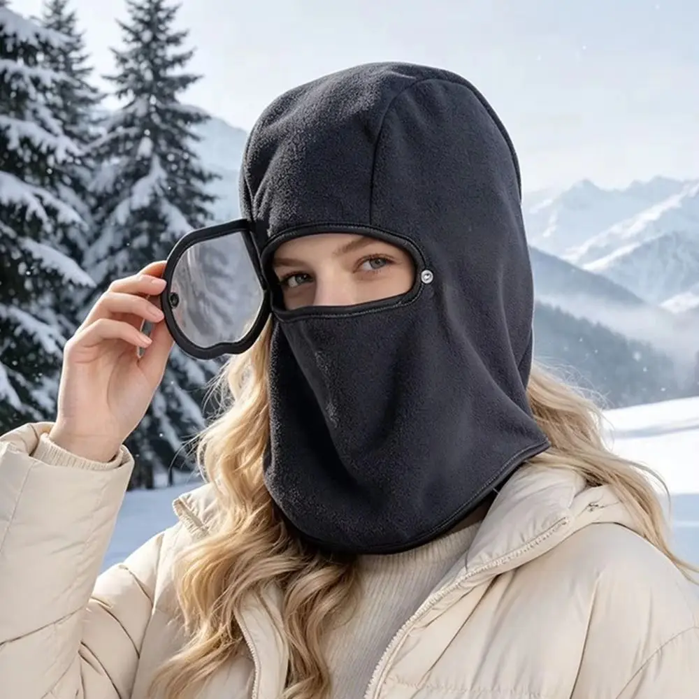 Windproof Fleece Balaclava Hat Warm Clear Eye Shield Winter Cycling Goggles Hood Neck Warmer Solid Color Mask Hood Beanies