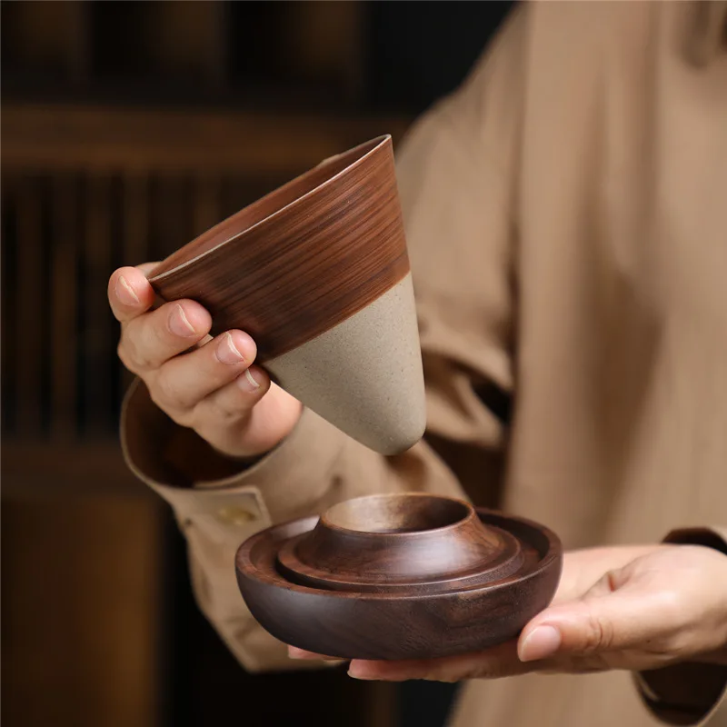 Vintage Coarse Pottery Coffee Cup Set, Funnel-shaped Ceramic Cup, Tea Set, Triangular Conical American Latte Special Cup，200ml