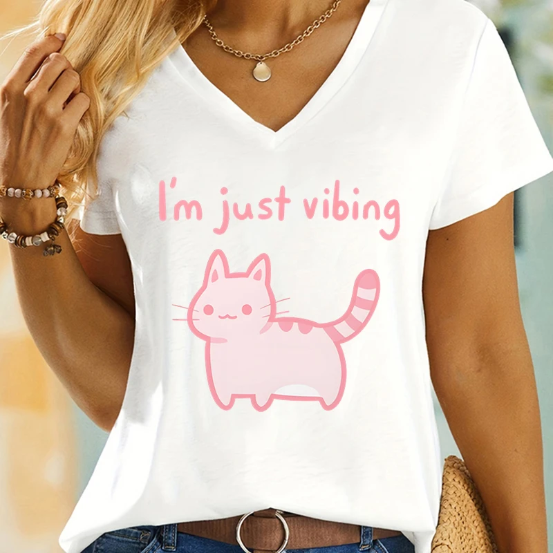 I'm Just Vibing Graphic T Shirts Women Cat Mom Essential Premium T-shirts Girls Kawaii Cartoon Cat Trending Short Sleeve T-shirt