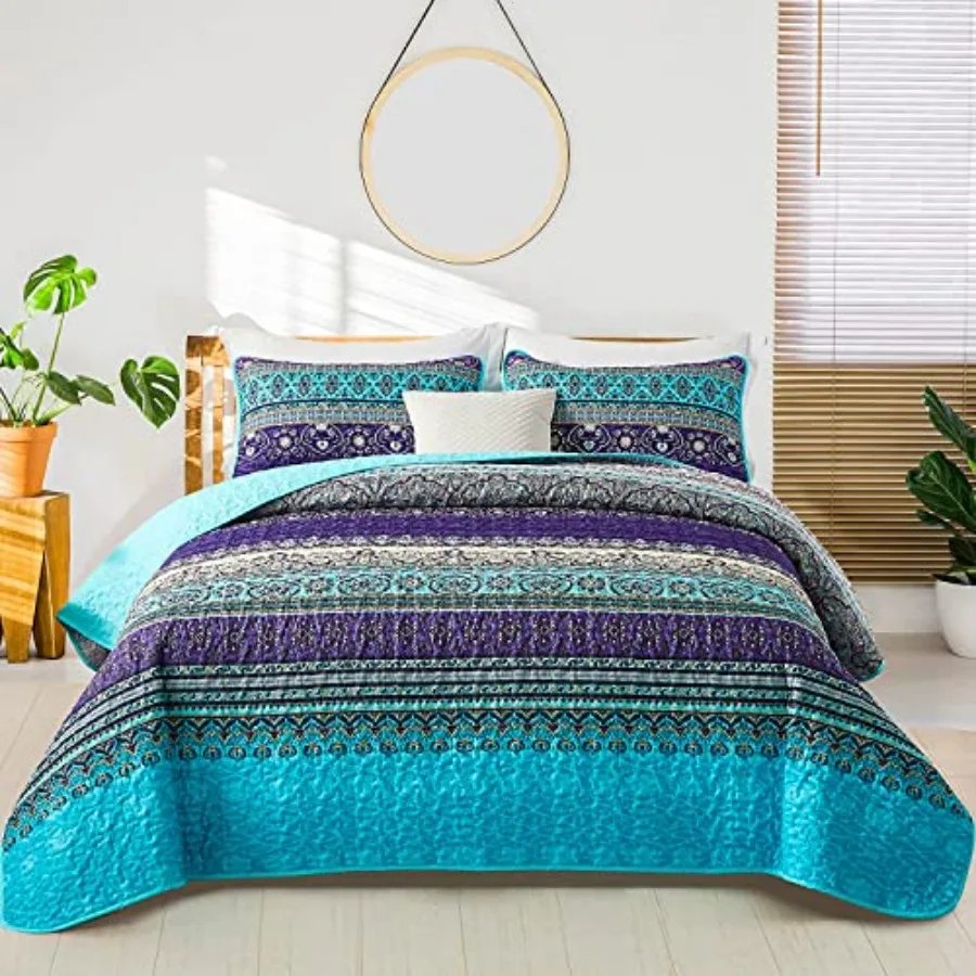 

Boho Quilt Size Bohemian weight Microfiber Bed Decor Bedspread for All Season 90"x78" 3 Pieces