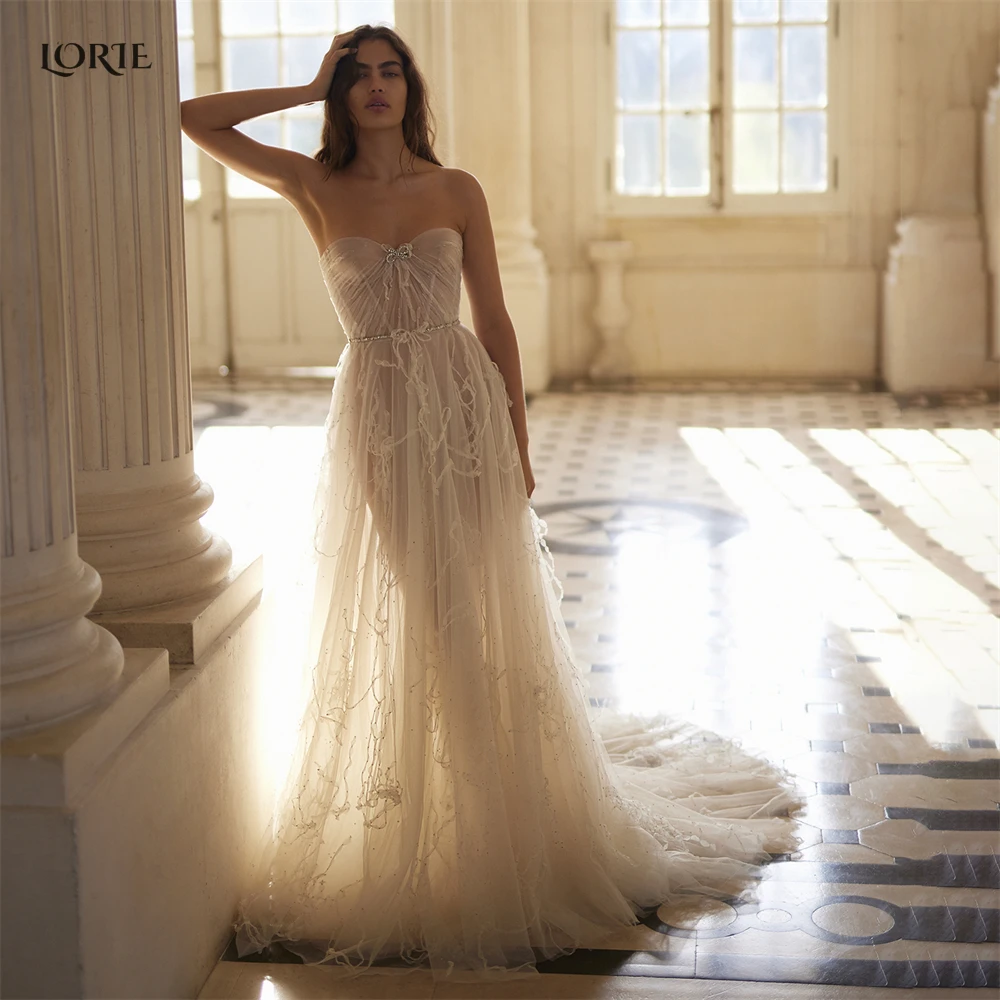 

LORIE Vintage Pleated Tulle Wedding Dresses Off Shoulder Sweetheart A-Line Ruched Bridal Gowns Backless Puffy 2022 Bride Dress