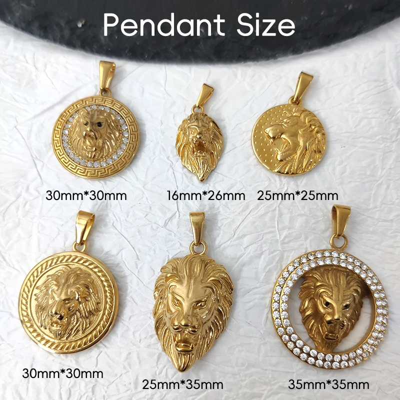 Men's Rock Hip Hop Crystal Inlay Lion Head Pendant Fashion Creative Stainless Steel Gold Color Party Club Charm Jewelry