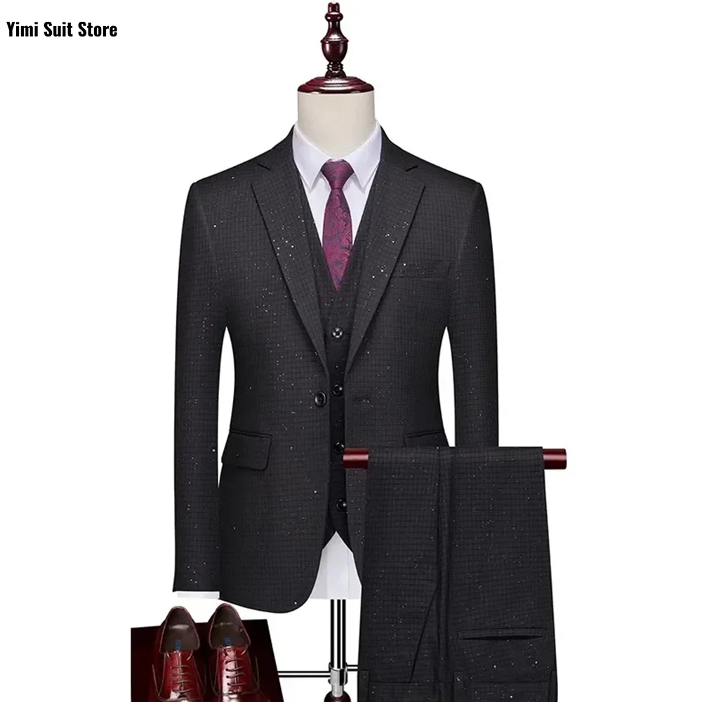 

Plaid Wedding Suits For Men Giltter Coat Pant Design Activity 3 Piece Costard Homme Mariage Business Social Jacket+Vest+Pants