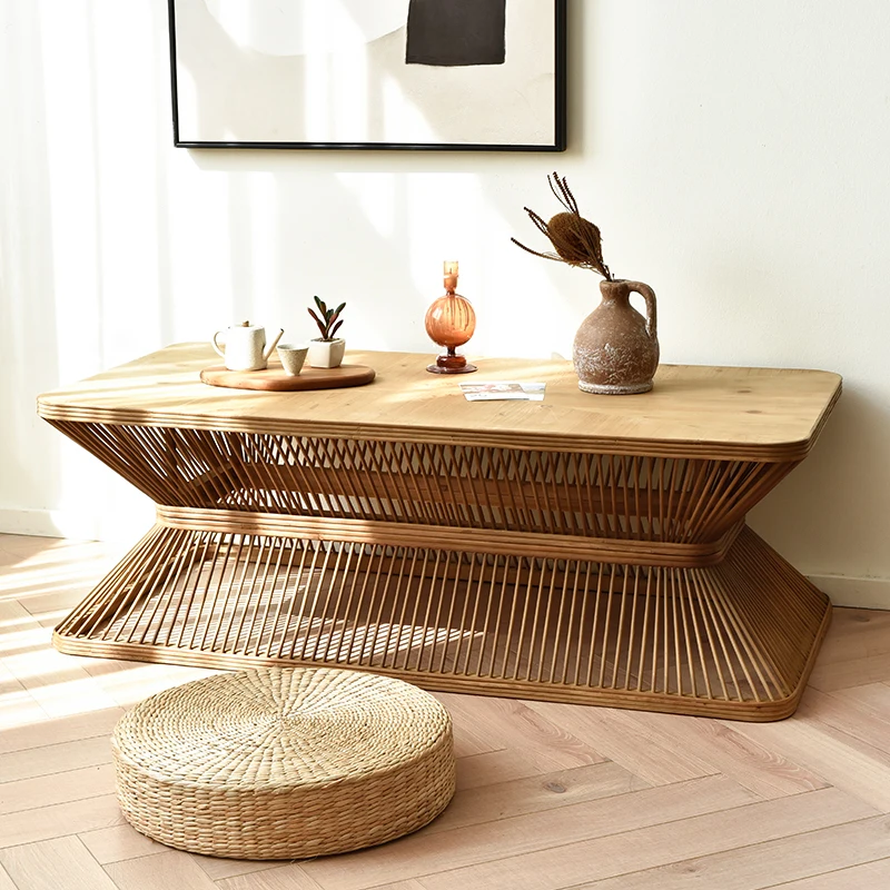 

Wabi silent wind retro solid wood square coffee table tea table bamboo weaving household small apartment designer medieval