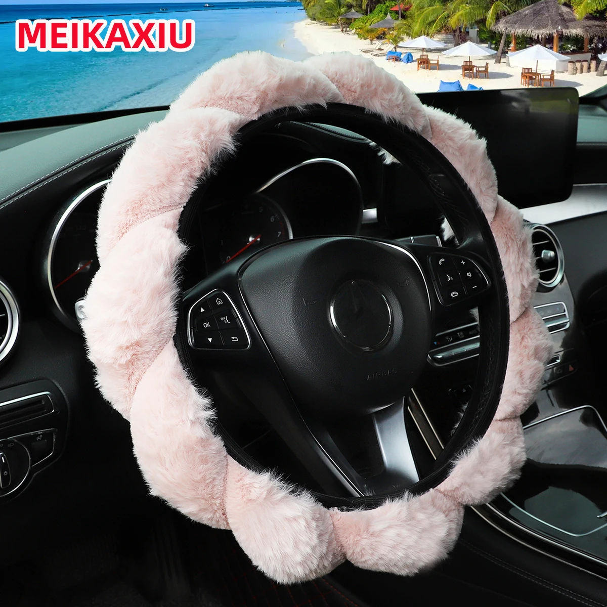 Thermal striped long plush winter car rimless steering wheel cover for 14.5 - 15 inch vehicles, car decoration items for women