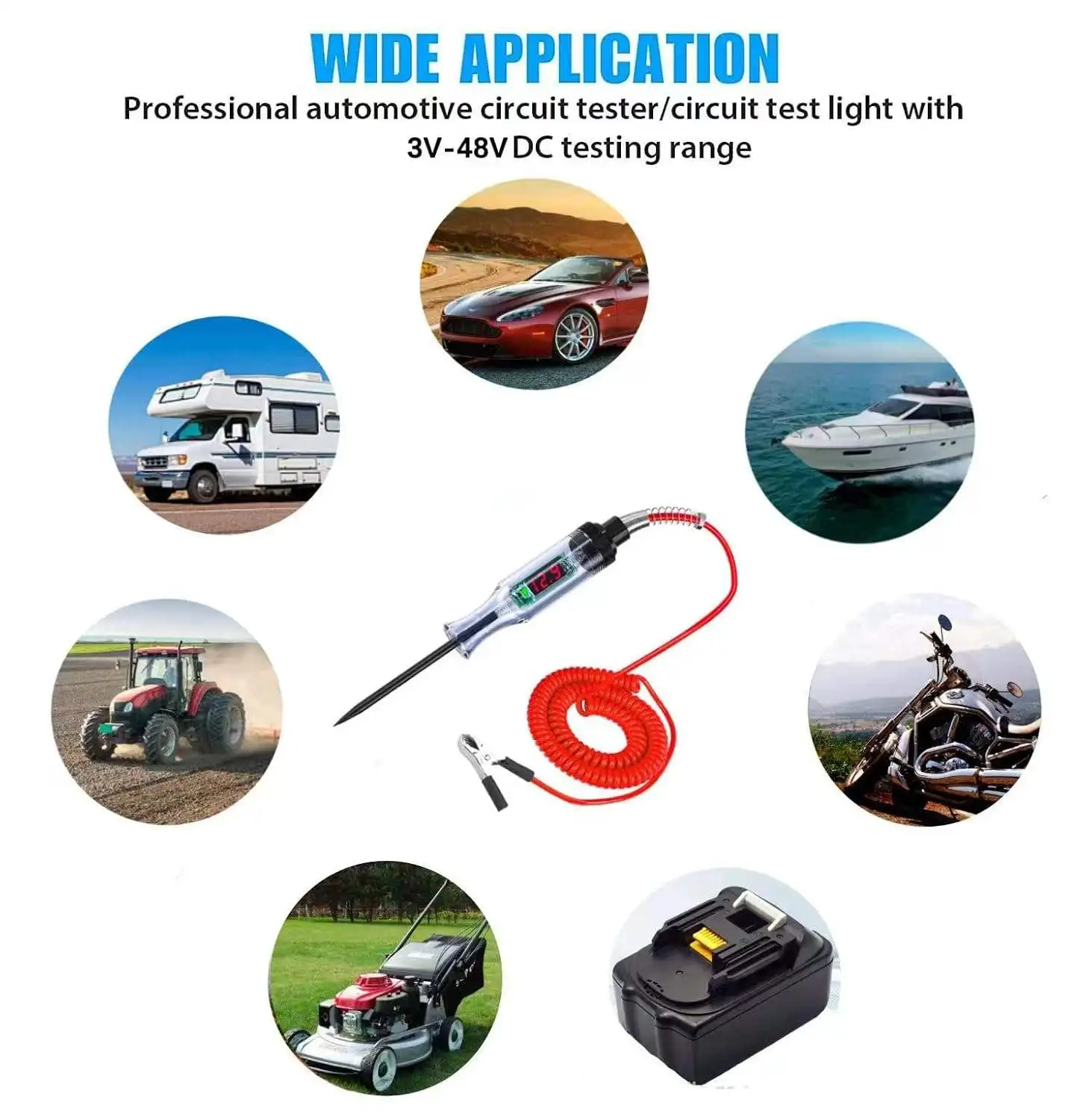 Car Voltage Tester 3-48V Digital LED Automotive Circuit Test Pen With Spring Wire and Voltage Display