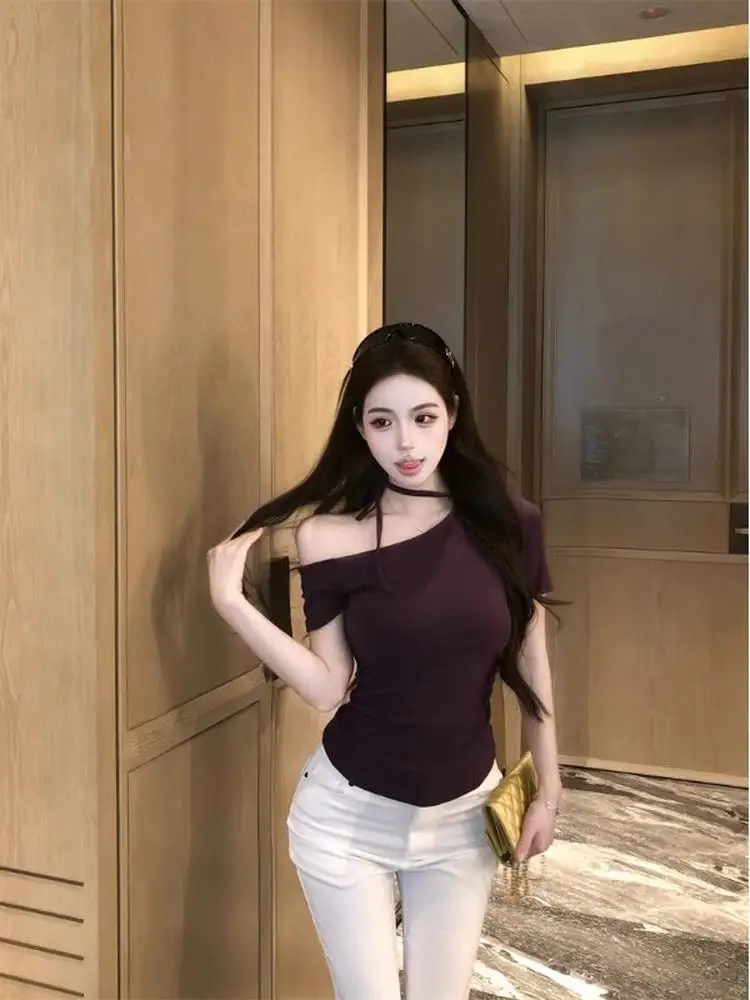 Sexy Pure Desire Sle ort Sve oulder Bared T irt Damen-Sommeroberteil mit schmaler Passform und Intimated-Design aus Baumwollmischung