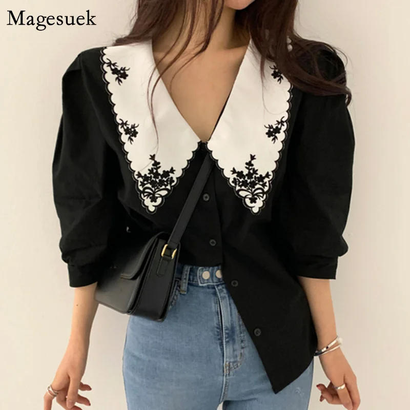 

Elegant White Floral Embroidery Women Shirts Vintage Blusas Mujer De Moda 2023 Korean Chic Puff Sleeve Blouse Clothes Tops 14223