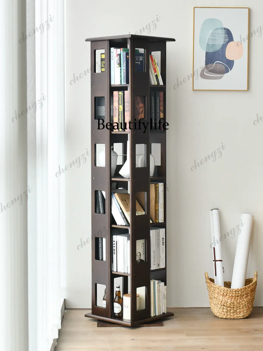 Solid wood rotating bookshelf 360-degree bookcase household shelf floor to wall corner, creative storage