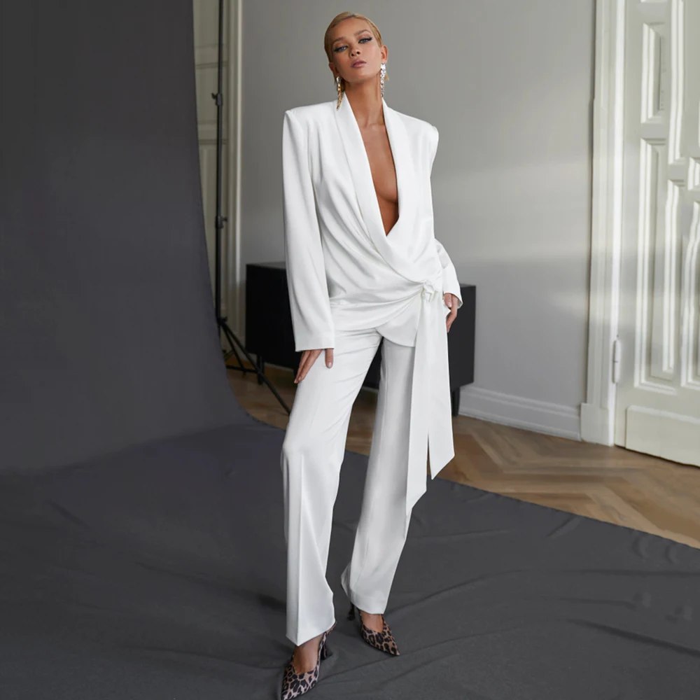Two-Piece White Wedding Suit Jacket Pant Soft Fabric Women\'s Business Office Set Latest Model Formal Party Suit
