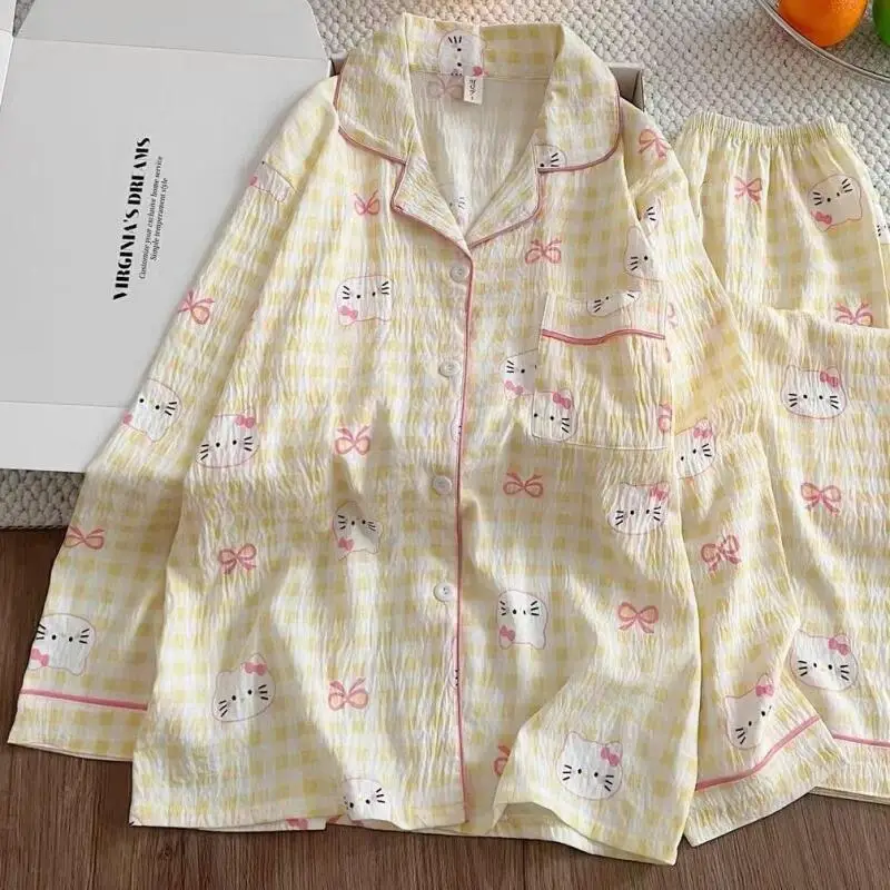 

Sanrio Hello Kitty Women Sleeping Pajamas Sets Cuteore Cartoon Spring Nightgowns Long Sleeve Pants Cotton Sleepwear Homewear New