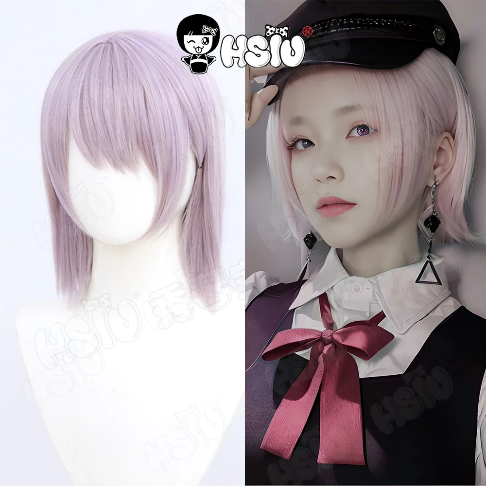 Kiga peruka do cosplay Anime piła łańcuchowa mężczyzna peruka do cosplay HSIU 35cm jasnofioletowe krótkie włosy żaroodporna peruka syntetyczna + czapka z peruką