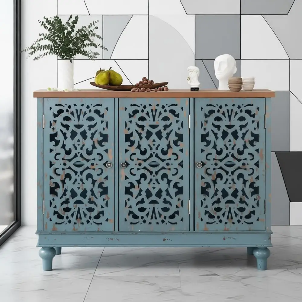 

Большой синий буфет в стиле фермерского дома с 3 дверцами для гостиной, 13 x 41,7 В x 31,5 В