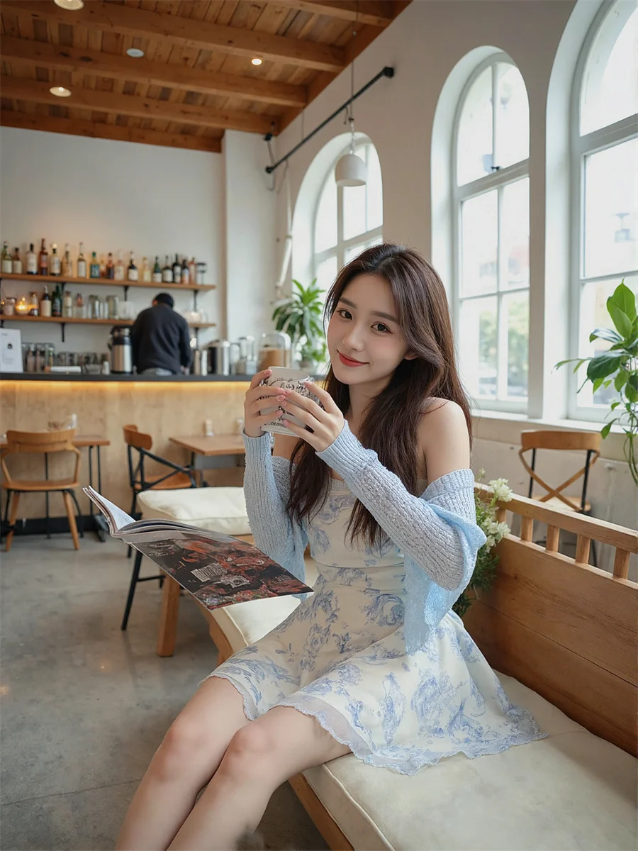 فساتين شيفون صغيرة مُزينة بالزهور باللون الأزرق السماوي للنساء مزينة بطبقات كشكشة للكلية حديثة وبسيطة فنية أنيقة مرقعة أنثوية