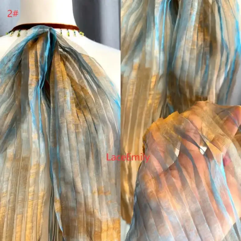 Tessuto di pizzo organza pieghettato sfumato blu Tessuto di pizzo Ombre increspato blu rosso per abito da ragazza Abito tutu Abito da sposa Abito da sposa