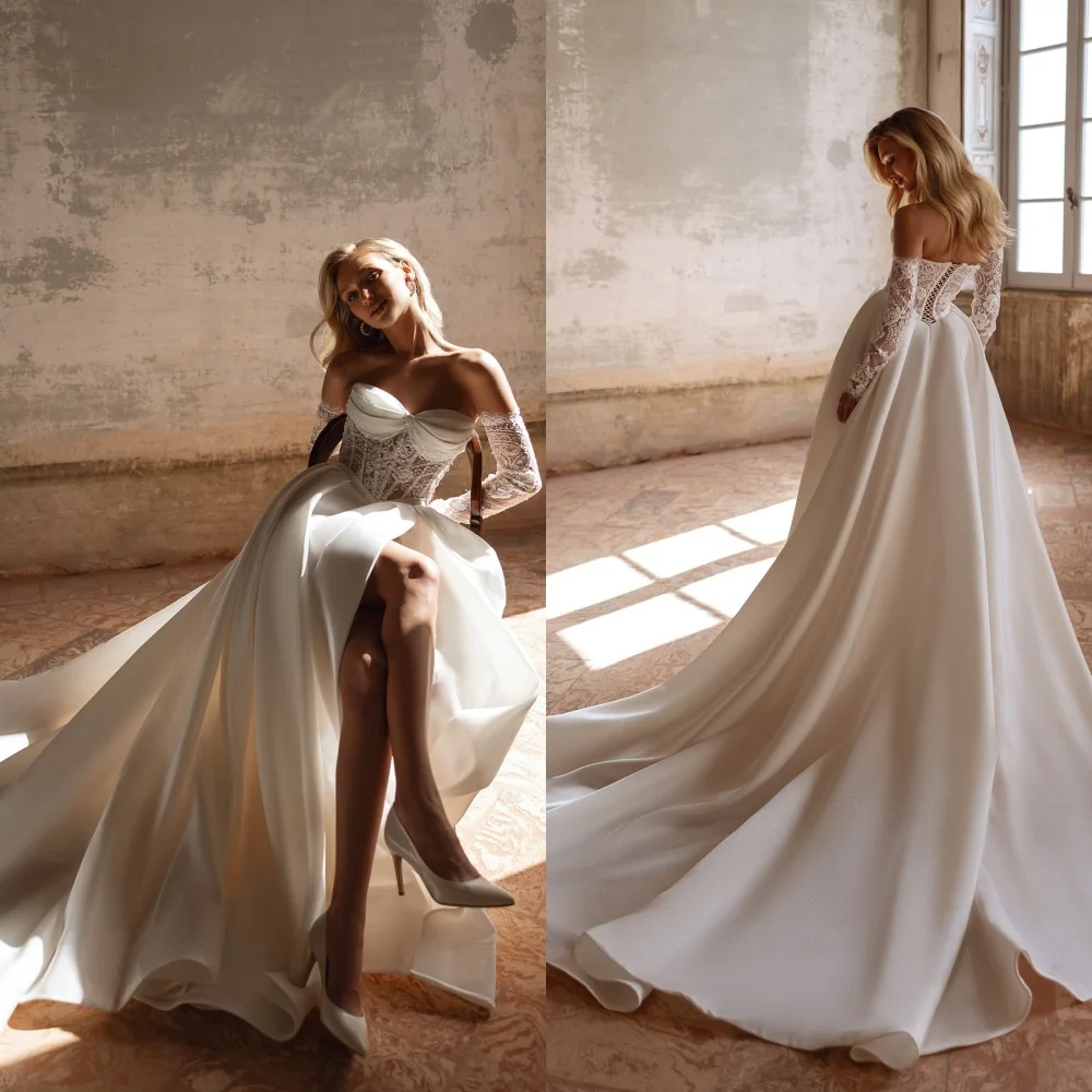 Robe de mariée blanche élégante, personnalisée, sans bretelles, manches détachables, manches longues, traîne chapelle exquise, dos nu