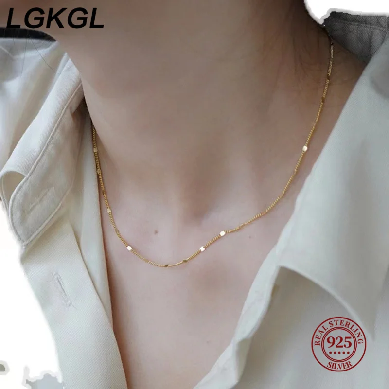 LGKGL  real 925 silver necklace women's sterling silver collarbone chain necklace glitter chain necklace silver jewelry