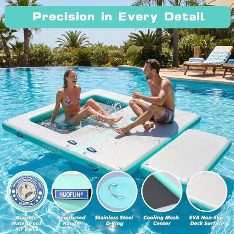 Inflatable Floating Dock Mat for lake, beach, pool use; PVC material; blue; 6-inch thickness, non-slip surface, stable platform