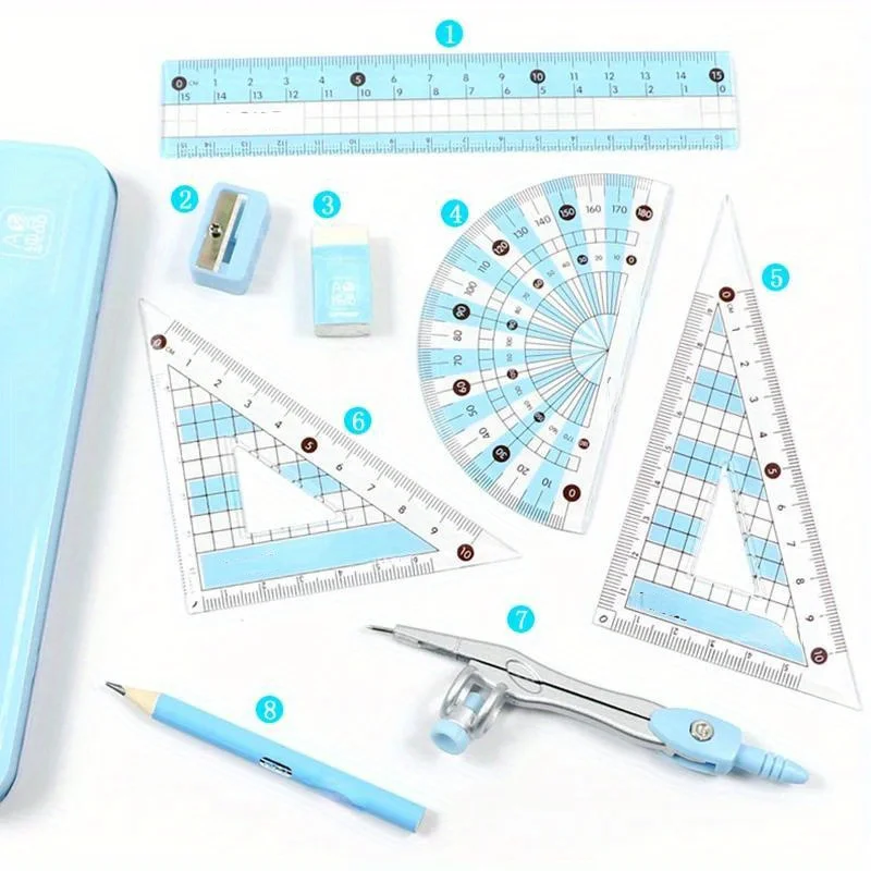 8Pcs/Set  Ruler Compass Pencil Set Geometry Maths Student Drawing Stationery Mathematical for Boy Girl Gift School Supplies