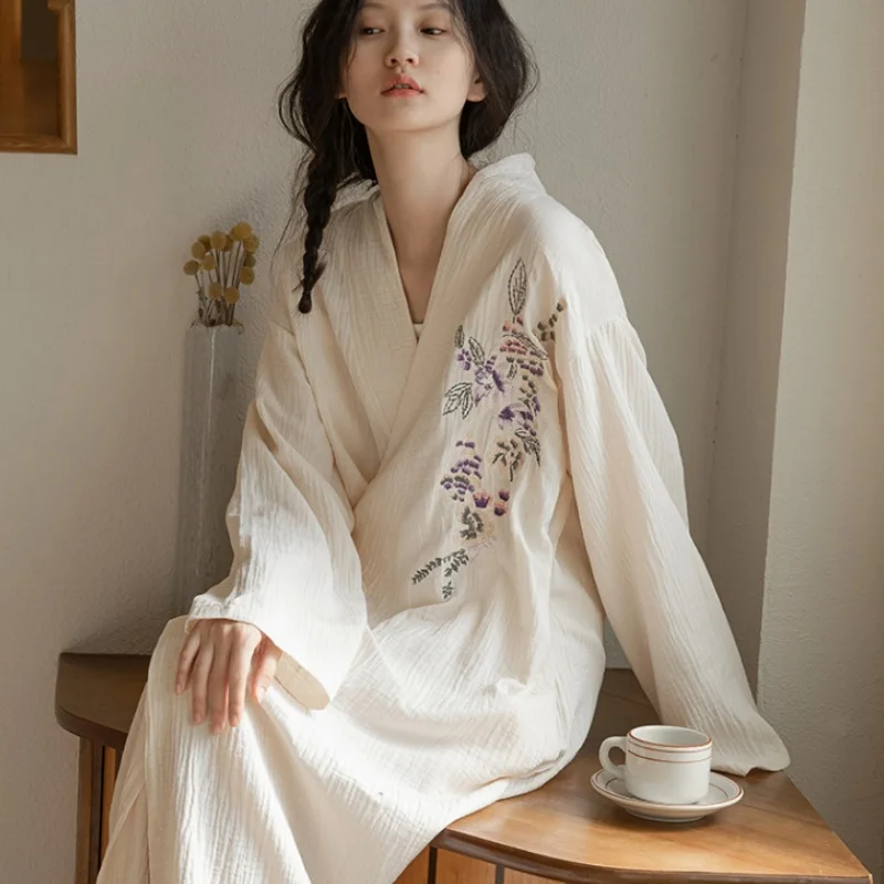 Candy-colored Shower Robe Crepe embroidered Dressing Gown Summer Pajamas Woman Cotton 100% Thin Nightgown Kimono Mujer