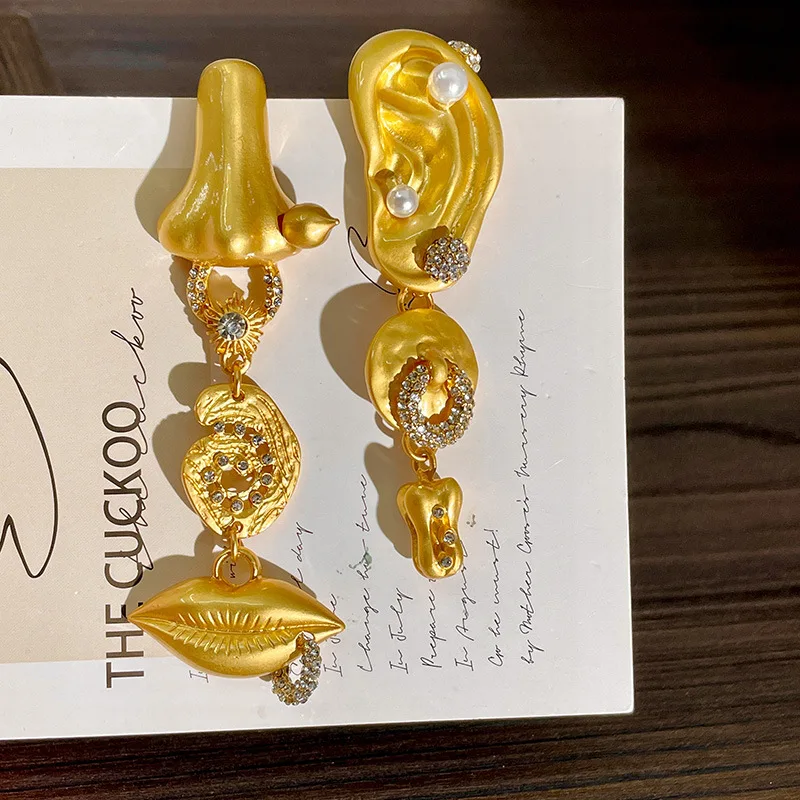 NISHIZAWA أقراط غير متناظرة للنساء وجه الإنسان لون ذهبي Hyperbole Pendientes Mujer القرون الوسطى موضة ريترو مجوهرات #6