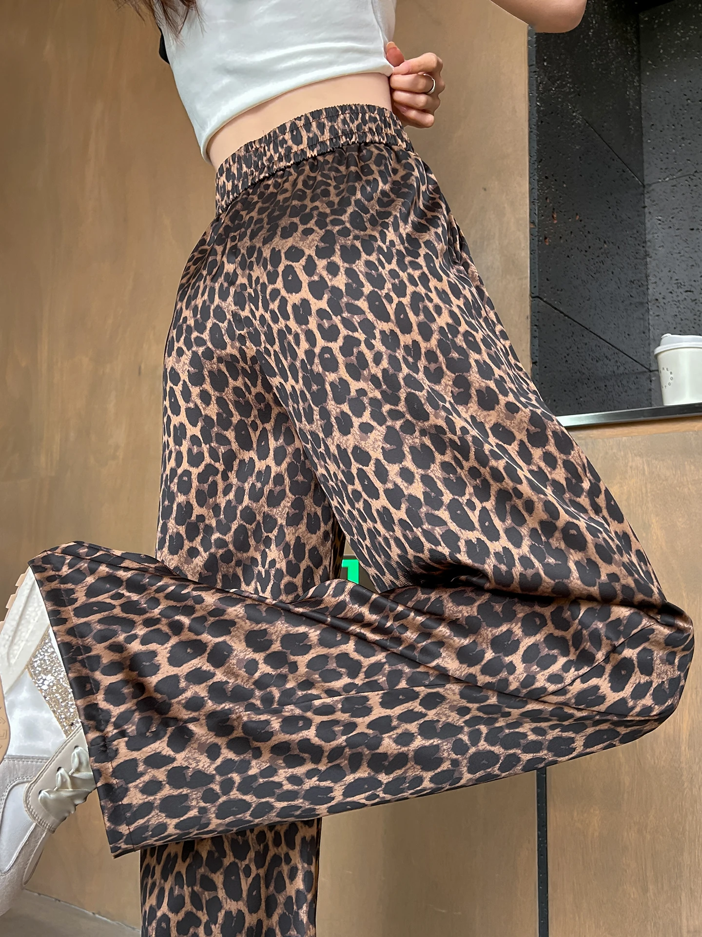 American Retro Leopard Print Ice Silk Wide Leg Pants Women's Summer High Waist Straight Casual Drape Satin  Pants
