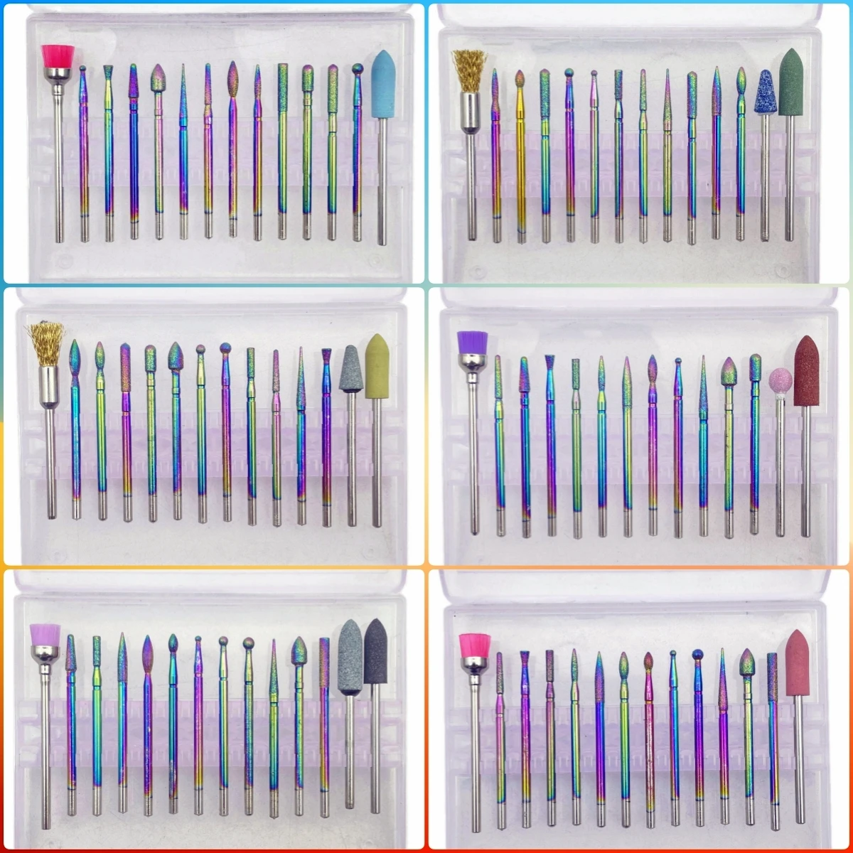 14pcs 3/32'' Professional Rainbow Nail Drill Bits Electric Manicure  Rotary File for Acrylic Gel s Cuticle 