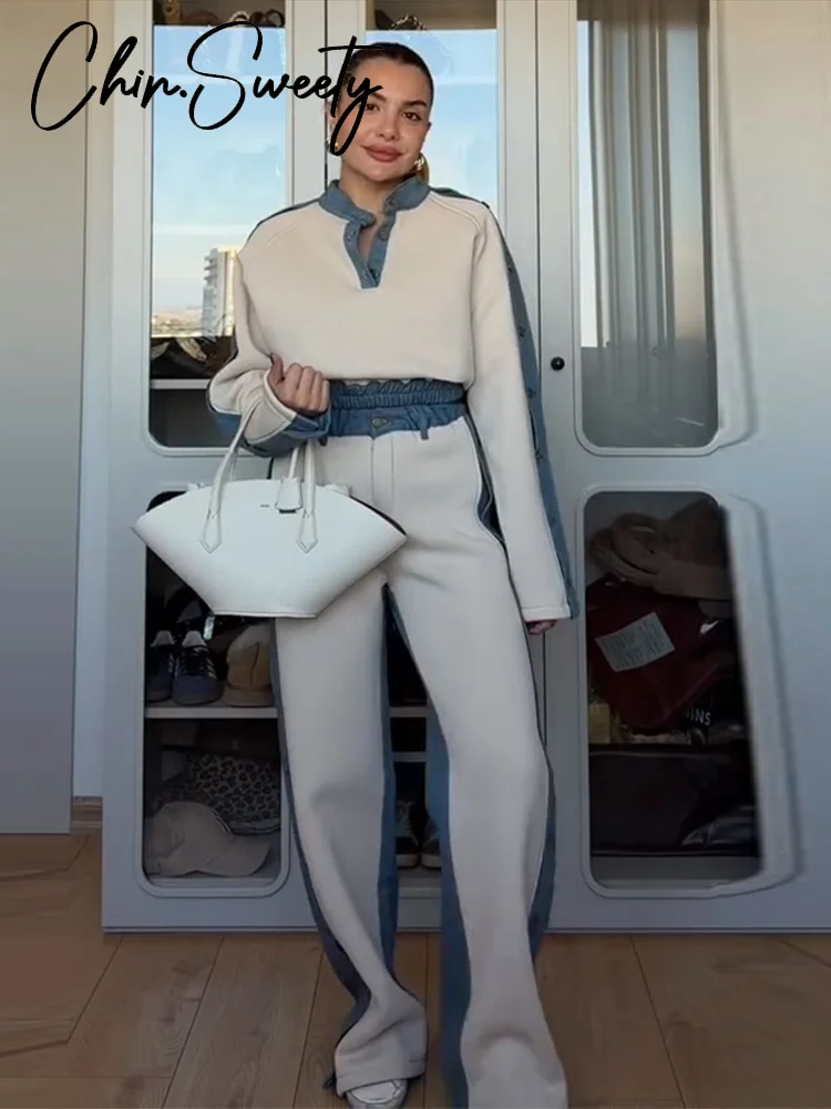 Contrasted Color Women's Sweatshirt Trouser Suits Patchwork Full Sleeve V-Neck Lady Set 2026 Spring Chic 2 Pieces Set Women New