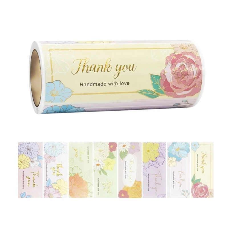 100Pcs Self-Adhesive Thank You Label Flower Thank You Sticker 4x1.5Inch for Small Business Wedding Thank You Labels