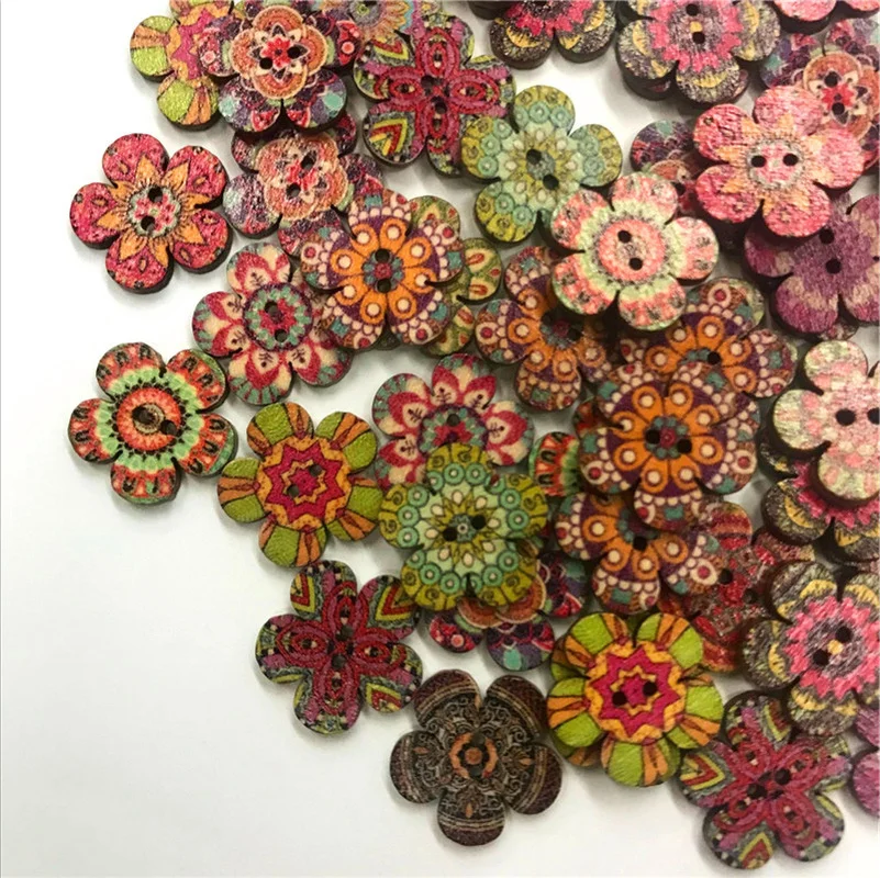 Flower Wooden Buttons for Clothing, DIY Sewing, Scrapbooking Decor, Craft, Needlework Accessories, Retro Series, 20-25mm, 50Pcs