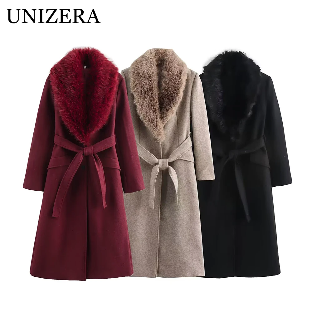 

European and American style winter new women's versatile fur collar medium long woolen coat jacket