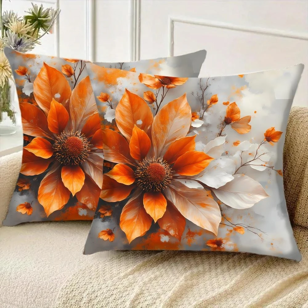 1-Piece Orange & White Floral Print Pillow Cover, 45x45cm, Home Daily Sofa Pillowcase