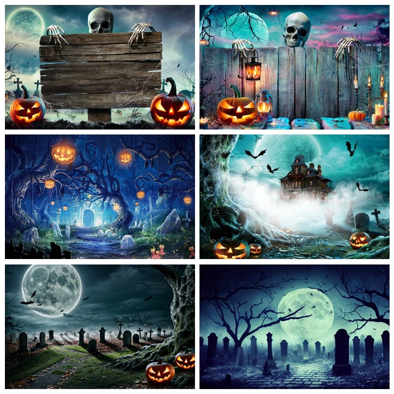 Halloween Photography Backdrop Scary Forest Cemetery Skull Witch Terrible Night Moon Background Photocall for Photo Studio