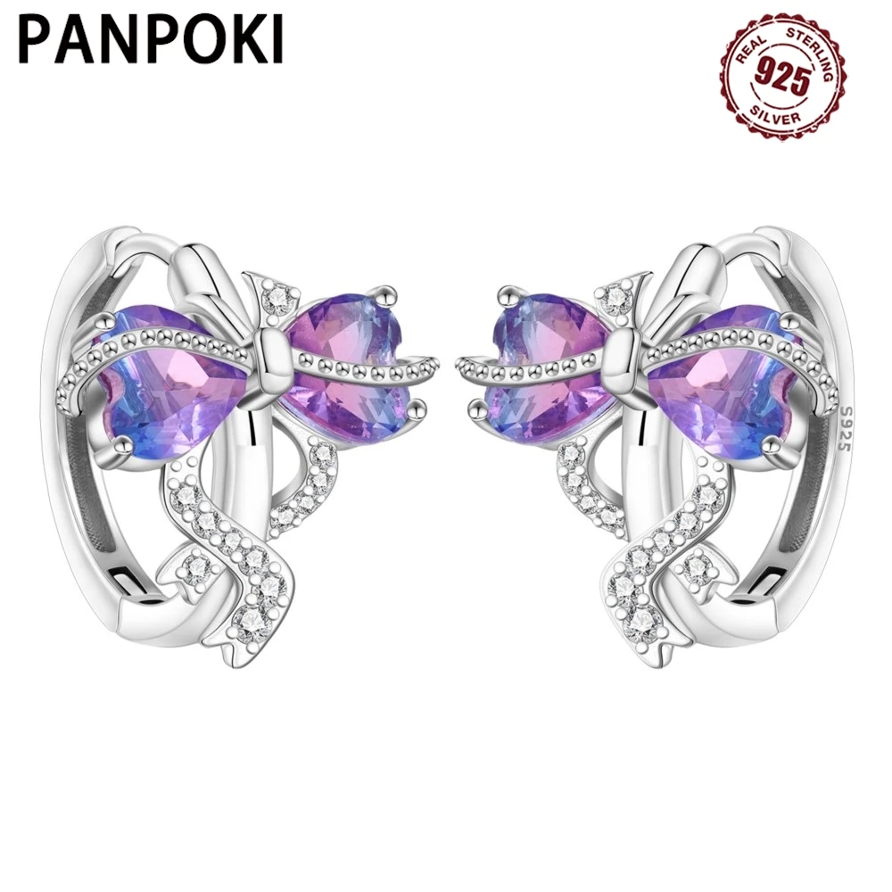 

PANPOKI S925 стерлингового серебра фиолетовые серьги с бантом в форме сердца универсальные серьги-кольца для женщин ювелирные изделия оригинальные подарки для вечеринок