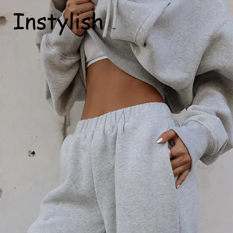 Women Fleece 2 Pieces Set Hoodies Suit 2023 Spring Winter Sweatshirt and Sport Sweatpants Set Vintage Y2K Streetwear Tracksuit