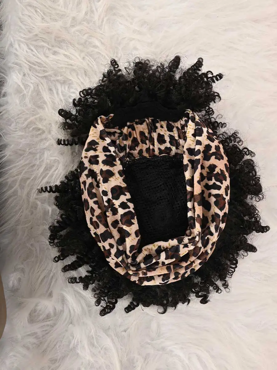 Headband Wig Curly Headband Wig With Bangs For Women Synthetic Afro Curly Hair Wig With Headband Attached Short Kinky Curly Afro High Puff With Bangs Stripes Short Red Curly Wigs with Bangs for Women, Natural Wavy Synthetic Hair, Fluffy Pixie Cut