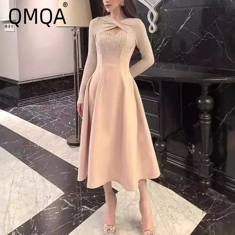 QMQA Fashion Women's Elegant Evening Dress Hollow Out Long Sleeve Diamonds Decorate Kink Slimming Dresses 2025 New Clothes 1A545