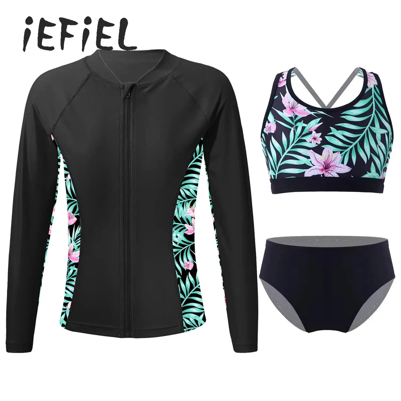 

Girls 3 Pack Swimsuit High Waist Bikini Set With Jacket Coat Top Printed Summer Long Sleeves Swimwear Rash Guard Bathing Suit