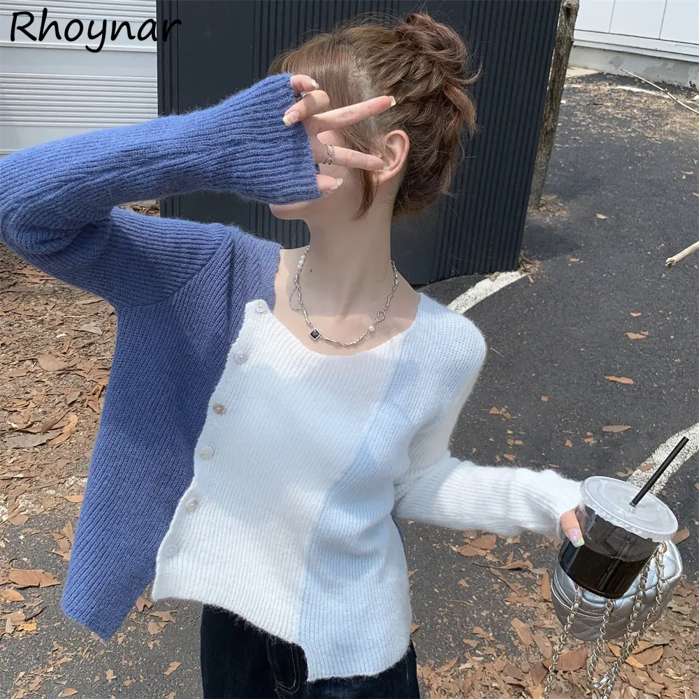 

Irregular Panelled Fashion Pullovers Women Patchwork Chic Ulzzang New Designer College Girls Simple Long Sleeve Sweaters Vintage