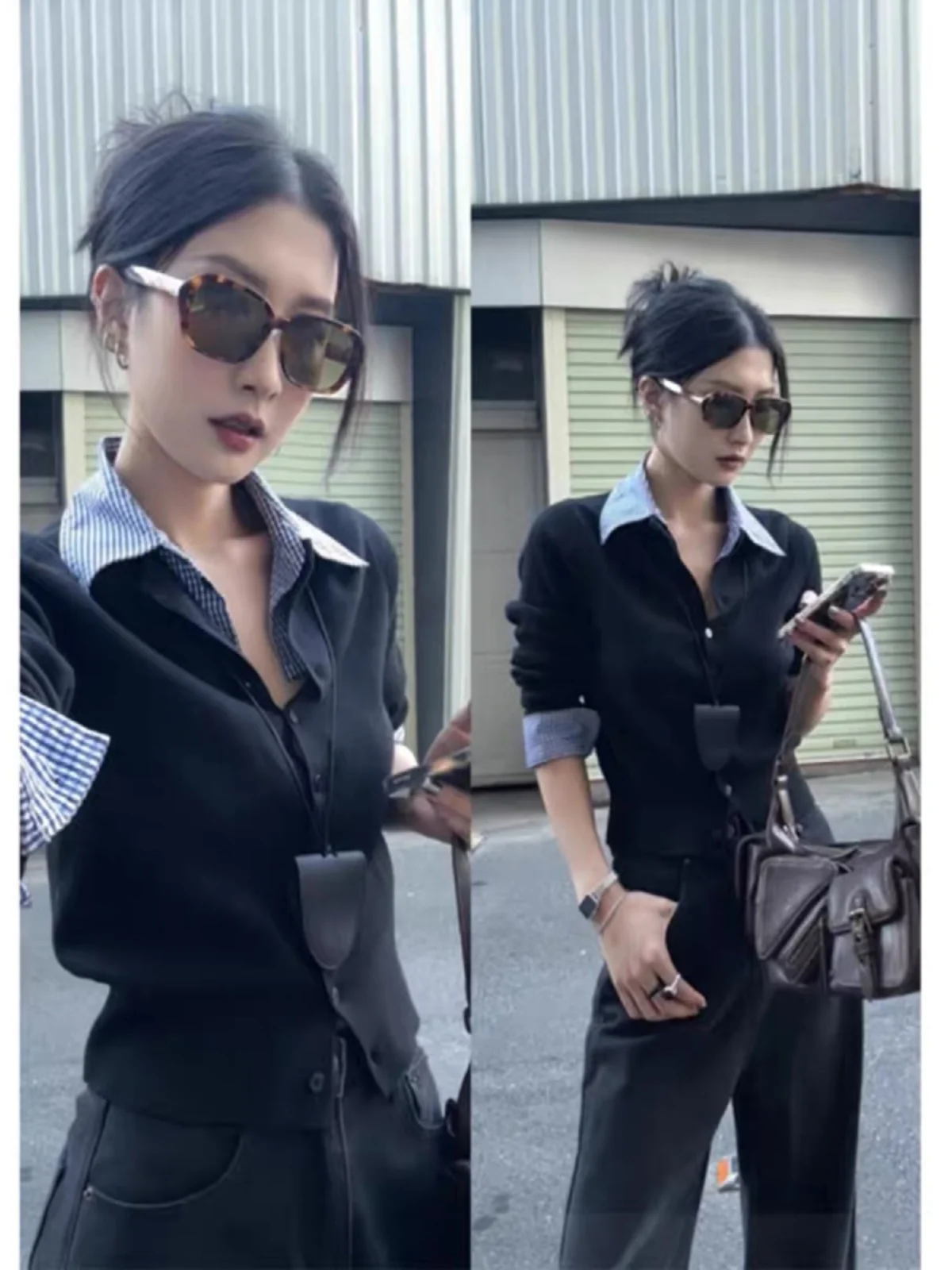 Slim Fit  Neck T-Shirt Female Splice Design Commute Style Korean Version Large Size Long Sleeve Autumn New Arrival