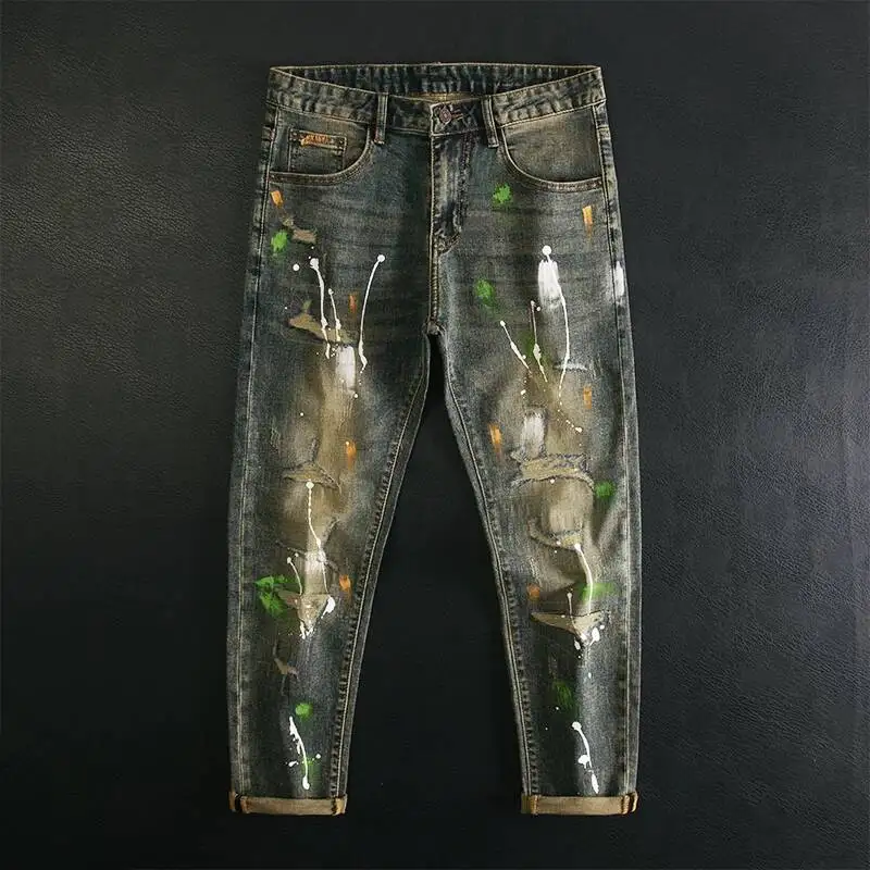 

Trendy Brand Splattered Ripped Patch Jean Men Paint Dot Graffiti Make Vintage Washed Pant Slim Fit Small Leg Pant Denim Jean Men