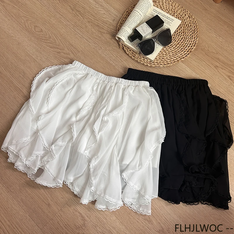Faldas románticas con volantes para mujer, minifaldas blancas de encaje calado de cintura alta, estilo coreano, dulce, Lolita, novedad de 2025