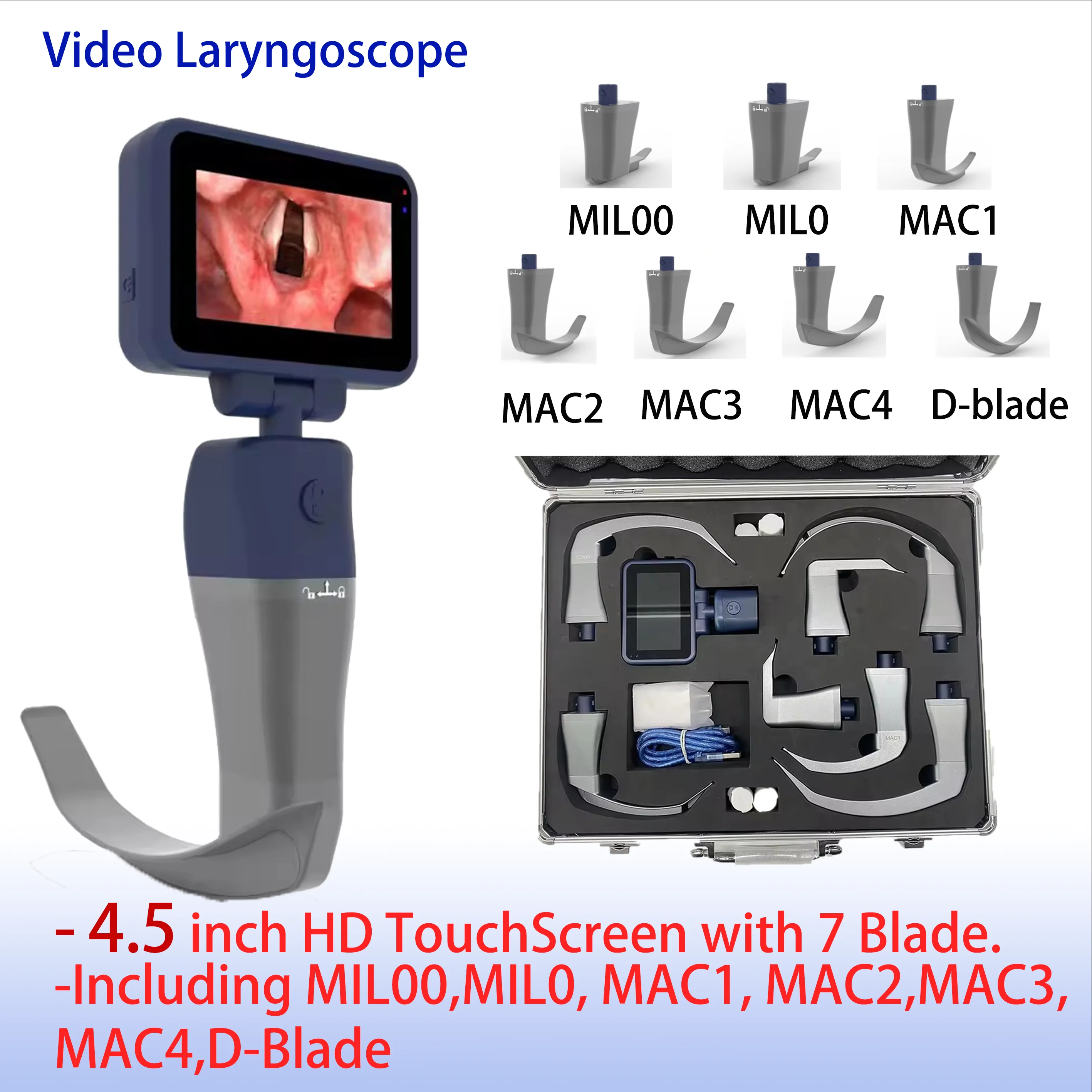 

4.5 inch HD Touchscreen Anesthesia Intubation Video Laryngoscope Stainless Steel Blades Reusable Sterilizable Blades Color