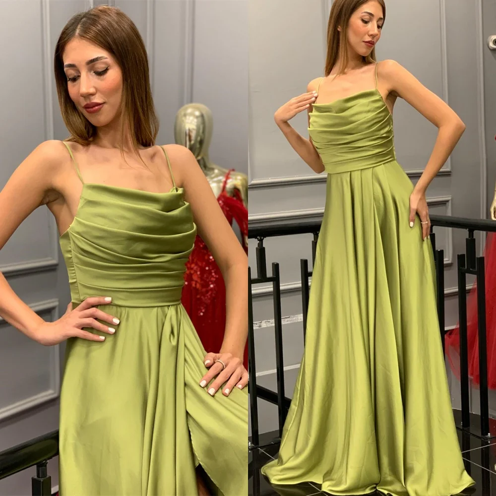 

Customized Simple Green Satin Evening Dress Temperament Square Collar Spaghetti Straps Sleeveless Side Slit Homecoming Dress
