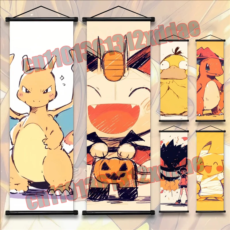 

Classic Anime Pokemon Retro Poster, Psyduck, Gengar, Pikachu, Artistic White Canvas Scroll Painting, Home Art Deco Painting Gift
