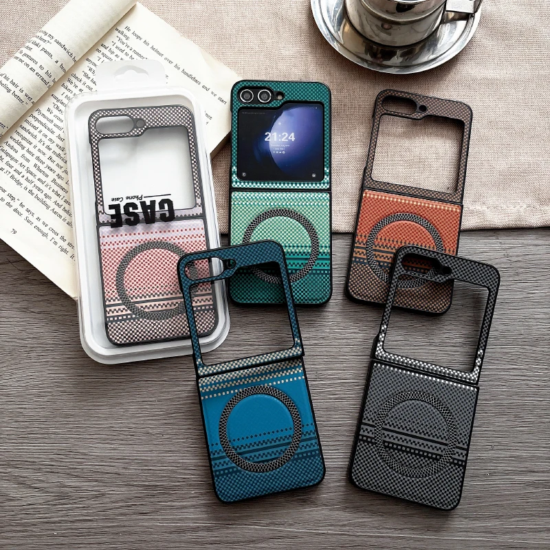 For Magsafe Magnetic Hard PC Adhesive Weaving Pattern Artificial Leather Phone Case For Samsung Galaxy Z Flip 8 7 6 5 4 3