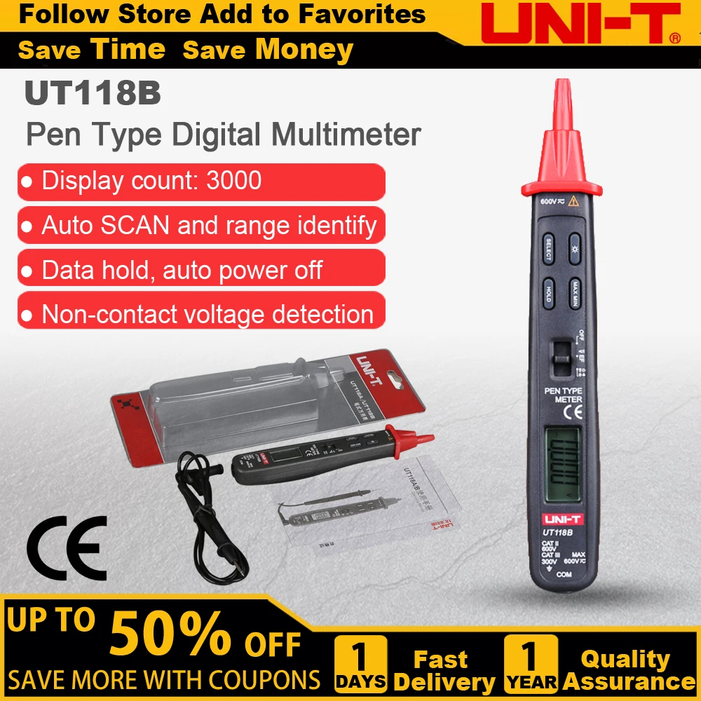 UNI-T UT118B Pen Type Digital Multimeter 3000 Counts AC DC Voltage Detector Resistance Capacitance Meter Tester