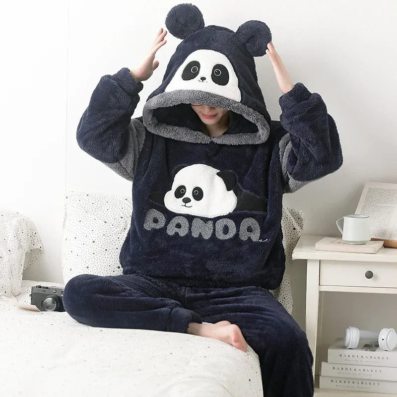 Winter Couples Pajamas Set Women Men Sleepwear Thick Cartoon Panda Kawaii Adult Anime Pyjamas Korean Hooded Suits Night Homewear